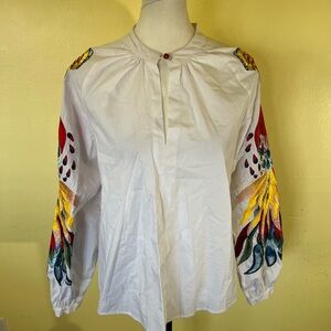 OO LA LA Women’s White Blouse with Colorful Bird Embroidery size small